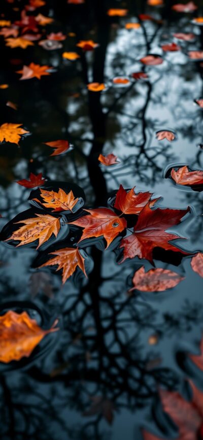 Serene autumn scene with orange and red leaves on reflective water, blurred tree reflections | 4K Wallpaper for Mobile