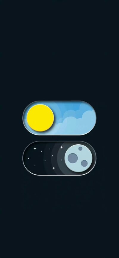 Minimalist day-night toggle wallpaper with sunny day and starry night scenes. Primary colors: blue, yellow, black, gray | 4K Wallpaper for Mobile