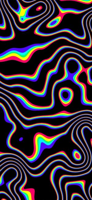 Abstract psychedelic 4K wallpaper for Mobile with vibrant neon wavy lines on black background: pink, blue, green, yellow.