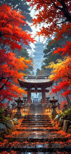 Serene autumn landscape with a Japanese torii gate, stone lanterns, and vibrant maples | 4K Wallpaper for Mobile