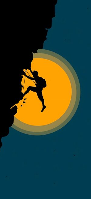 Minimalist silhouette of a rock climber on a cliff with stylized sun/moon backdrop; adventurous theme. | Black, Yellow, Blue | 4K Wallpaper for Mobile