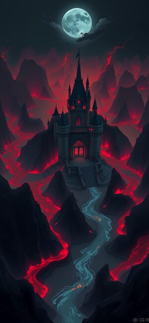 Castle surrounded by lava-lit mountains under a full moon, featuring a mystical atmosphere with dark clouds | 4K Wallpaper for Mobile