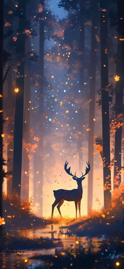 Serene forest scene with a silhouetted deer near a stream, glowing autumn leaves | 4K Wallpaper for Mobile