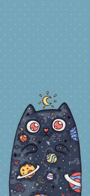 Whimsical cat with planets, stars, large eyes, crescent moon on blue background | Blue, Black, Yellow | 4K Wallpaper for Mobile