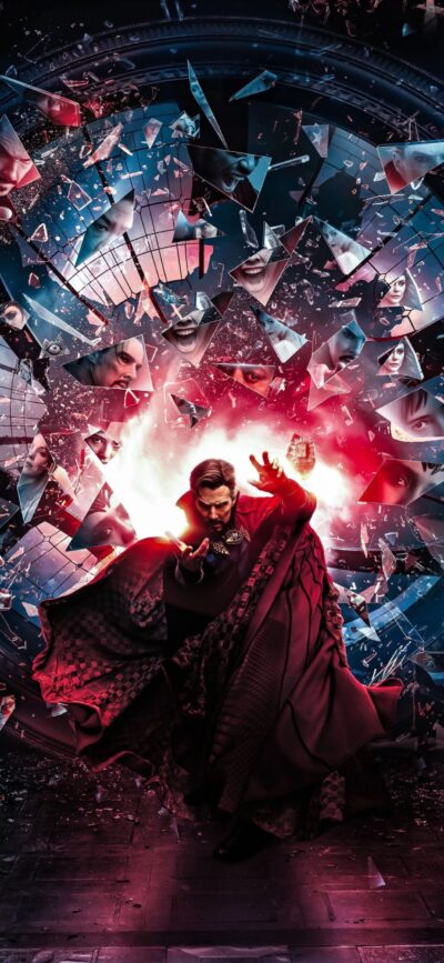 Dynamic Doctor Strange pose with shattered glass, red, blue, black hues, mystic vibes | 4K Wallpaper for Mobile