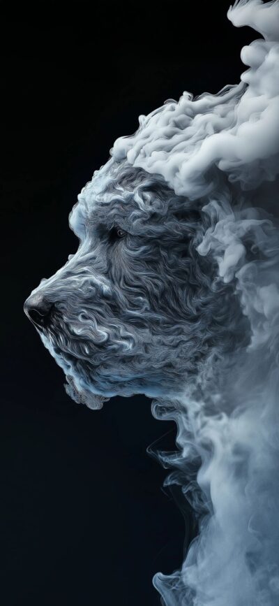 Dog head in swirling white and gray smoke on dark background, nature meets abstract art | 4K Wallpaper, for Mobile