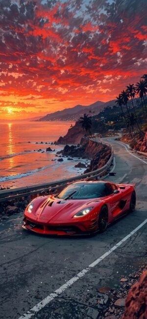 Sunset over ocean with car on coastal road, fiery sky reflection, palm trees lining. | 4K Wallpaper for Mobile | Red, Orange, Blue