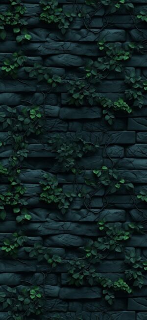 Dark brick wall intertwined with lush green ivy, showcasing a natural, mysterious aesthetic | 4K Wallpaper for Mobile