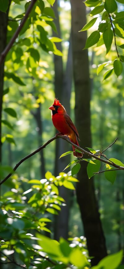 Cardinal on a twig in lush green forest, vibrant red plumage contrasts greenery | 4K Wallpaper for Mobile | Red, Green, Brown tones