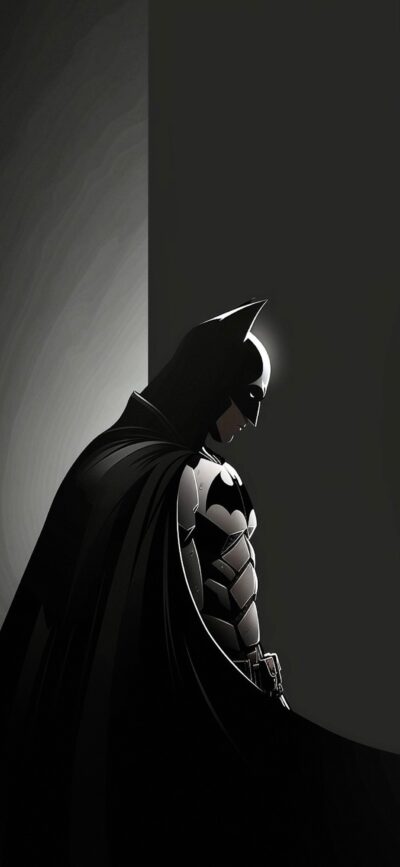 Batman in shadowy silhouette with iconic bat cape and cowl | Black and Gray | For mobile | 4K Wallpaper