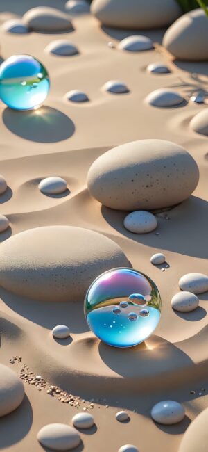 Artistic stones & glass spheres on sand; serene, calming light reflection | 4K Wallpaper, Beige, Blue, Tan, White | for Mobile