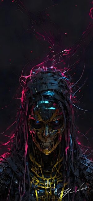 Cyberpunk robotic figure with metallic details, neon blue and pink highlights in a dark sci-fi setting | 4K Wallpaper for Mobile