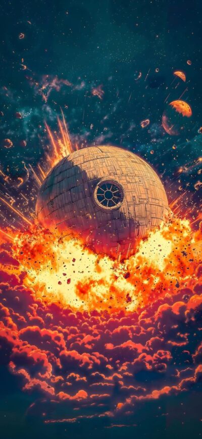 Death Star amidst fiery explosion with vibrant cosmic backdrop in Star Wars-themed 4K Wallpaper for Mobile | Blue, Orange, Yellow.