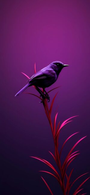 Stylized bird on branch with vibrant purple and pink hues | 4K Wallpaper for Mobile | Purple, Pink | Bird, Nature, Colorful.