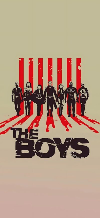 Silhouetted "The Boys" characters with red stripes, grungy lettering. Dark, edgy aesthetic | 4K Wallpaper for Mobile.