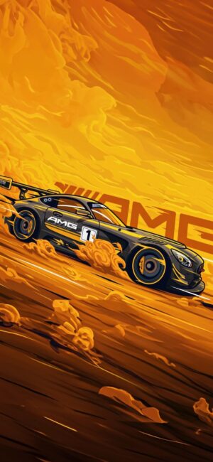 AMG race car speeds through a fiery landscape with swirling smoke, bold lines, and warm tones | 4K Wallpaper for Mobile