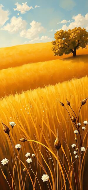 Serene landscape with golden wheat fields, vibrant blue sky, a solitary tree, and delicate flowers | 4K Wallpaper for Mobile