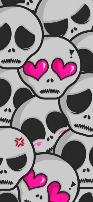 Playful abstract cartoon skulls with unique expressions in gray and pink, perfect for mobiles | 4K Wallpaper | For Mobile