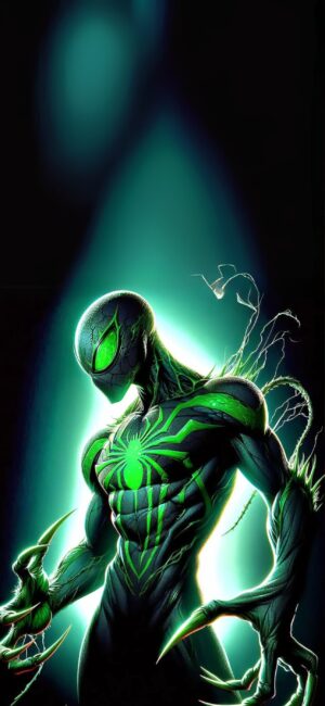 Stylized Spider-Man with green lighting, dark background, glowing suit elements, contrast dynamic | 4K Wallpaper for Mobile