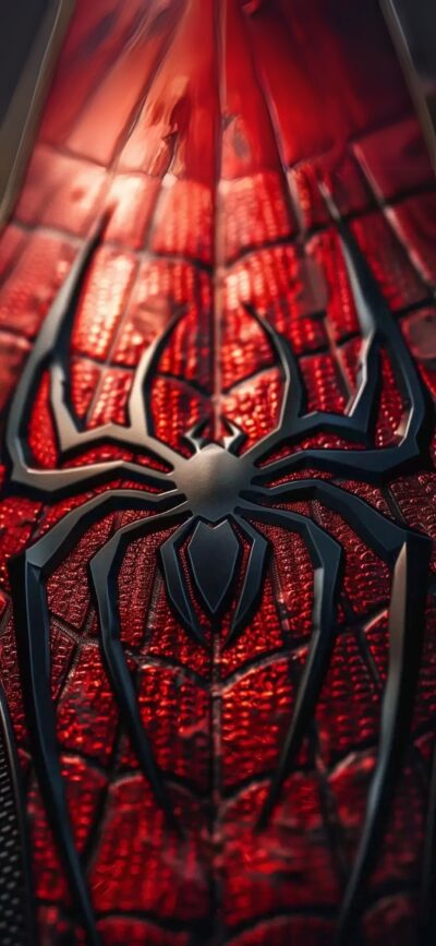 Spider-Man emblem on a detailed red suit with webbing pattern and spider logo | 4K Wallpaper for Mobile | Red, Black, Silver