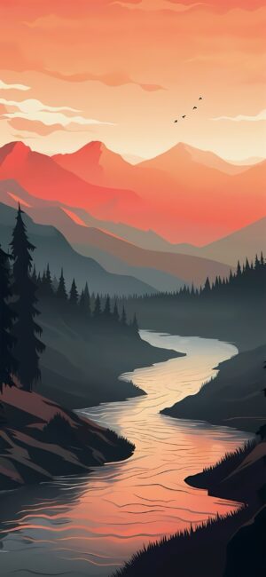 Serene river through forest, majestic mountains, vibrant sky; stylized, tranquil nature scene in orange, pink, blue, black | 4K Wallpaper for Mobile