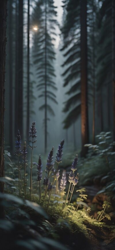 Serene forest scene with tall pine trees & purple flowers, evoking a calm, mystical atmosphere | 4K Wallpaper for Mobile