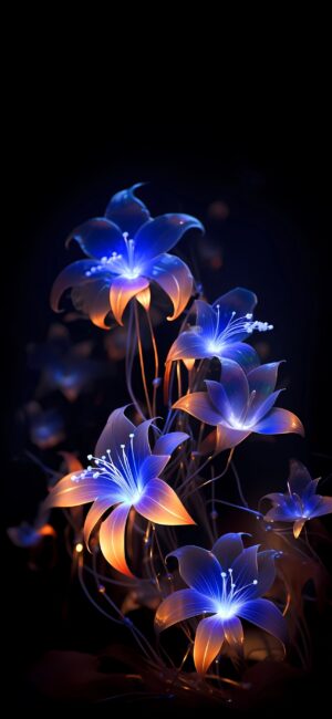 Glowing blue and orange flowers on a dark background create a magical vibe | 4K Wallpaper for Mobile