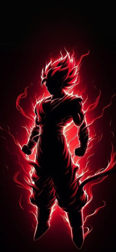 Dragon Ball Z silhouette, fiery red aura on a dark background for a dynamic effect | 4K Wallpaper for Mobile | Black, Red