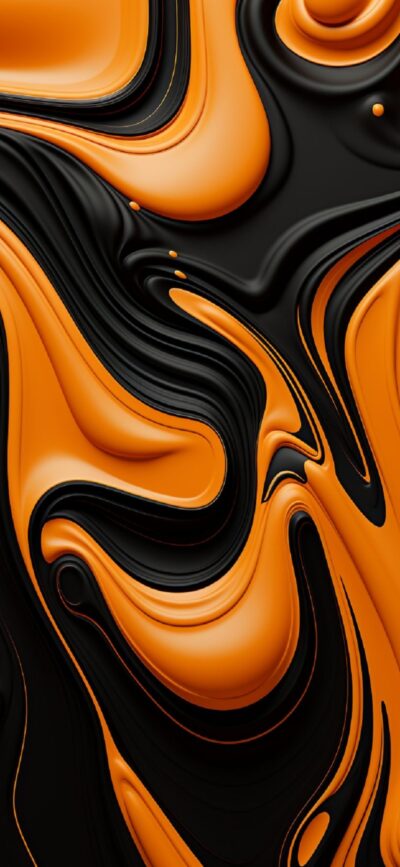 Abstract orange and black wallpaper with glossy, liquid-like patterns for a dynamic effect | 4K Wallpaper for Mobile