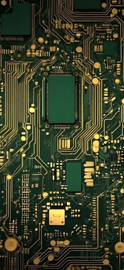 Complex circuit board design in green and gold, showcasing electronic components and pathways. Themes of tech and innovation | 4K Wallpaper for Mobile