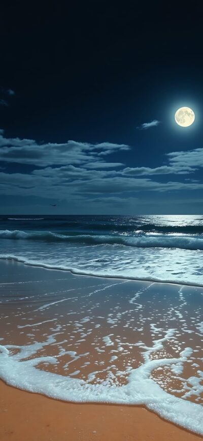 Serene night beach scene with full moonlight over the ocean. Tranquil water reflections. | 4K Wallpaper, for Mobile