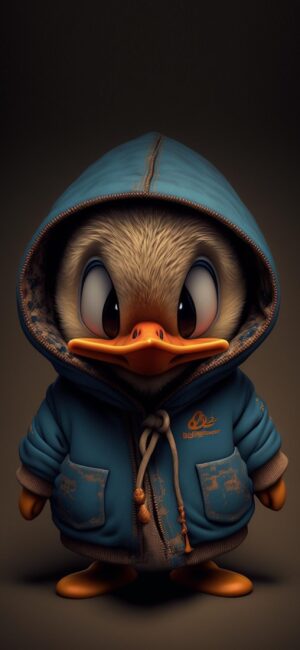 Cute cartoon duck in a blue hoodie, cozy and playful aesthetic | 4K Wallpaper, for Mobile