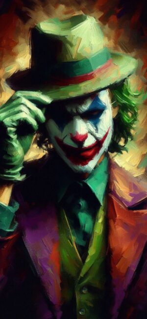 The Joker in vibrant artistic style with signature makeup and hat. Colors: green, purple, red, yellow | 4K Wallpaper for Mobile