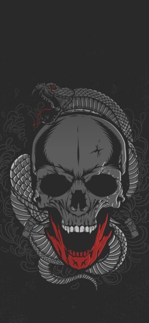 Dark skull with coiled snake, vivid red accents, gothic theme | 4K Wallpaper for Mobile