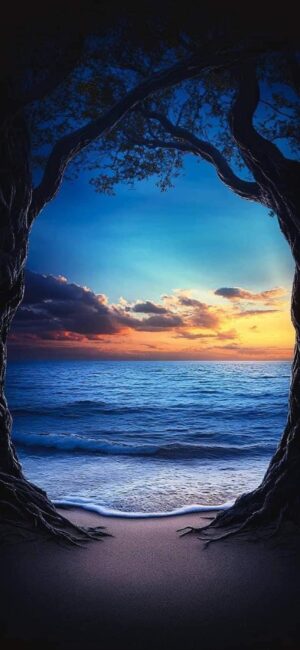 Stunning beach scene through tree arch at sunset, with blue and orange sky colors | 4K Wallpaper for Mobile