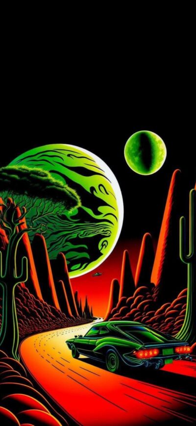 Futuristic surreal landscape with classic car, neon green skies, planets, cacti, rugged mountains. | 4K Wallpaper for Mobile