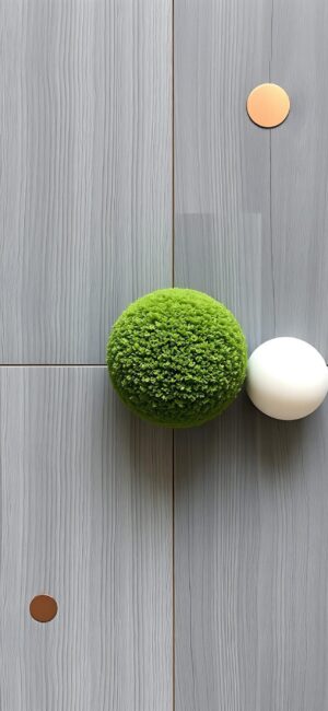 Minimalist 4K wallpaper for mobile, features textured wood grain, green plant-like sphere, white sphere & metallic accents.