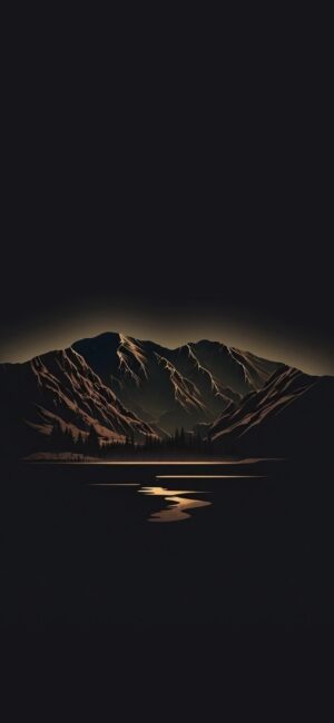 Serene dark mountain landscape with glowing highlight, reflected in water under night sky | 4K Wallpaper for Mobile