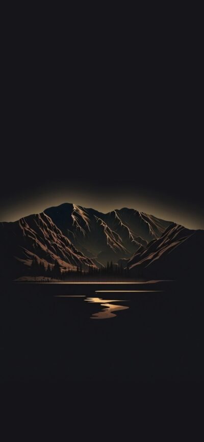 Serene dark mountain landscape with glowing highlight, reflected in water under night sky | 4K Wallpaper for Mobile