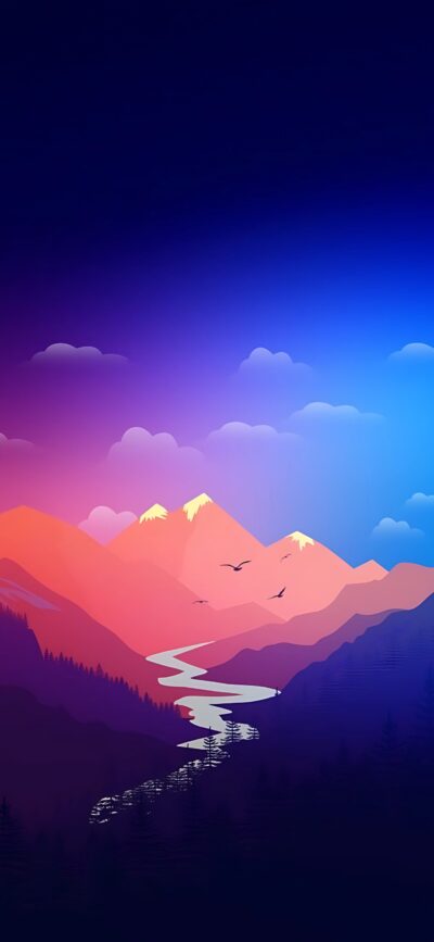 Serene mountain landscape with pink, orange, and blue hues, featuring a river, birds, and clouds | 4K Wallpaper for Mobile