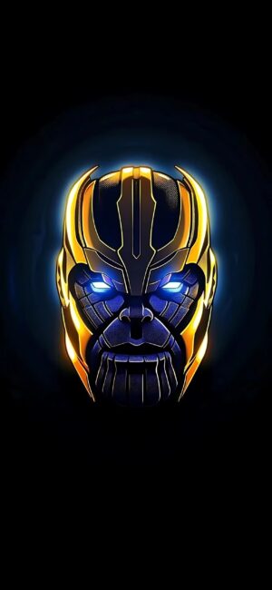 Thanos with glowing futuristic design in blue and gold on a dark backdrop. Perfect for Marvel fans. | 4K Wallpaper for Mobile