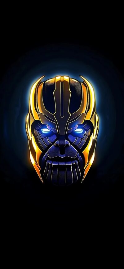 Thanos with glowing futuristic design in blue and gold on a dark backdrop. Perfect for Marvel fans. | 4K Wallpaper for Mobile