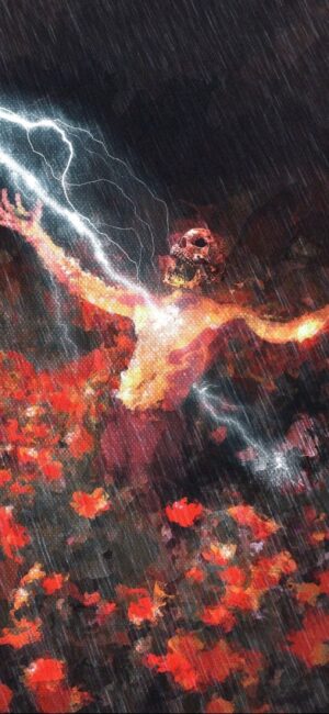 Mystical scene with a figure in vibrant red flowers, struck by lightning amidst rain. Fantasy and nature elements. | 4K Wallpaper for Mobile