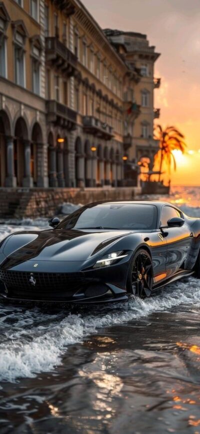 Black sports car on waterfront, historic building, sunset, palm trees | 4K Wallpaper for Mobile | Black, Orange, Blue, Brown