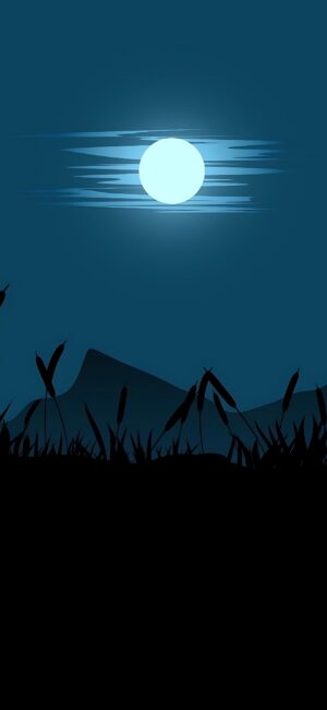 Serene night landscape with full moon, silhouetted grasses, and distant hills | Blue & Black | 4K Wallpaper for Mobile