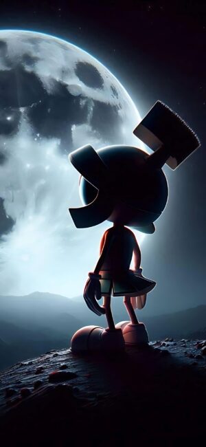 Silhouette of a Marvin the Martian-like character against a detailed moon backdrop in cosmic style | 4K Wallpaper for Mobile