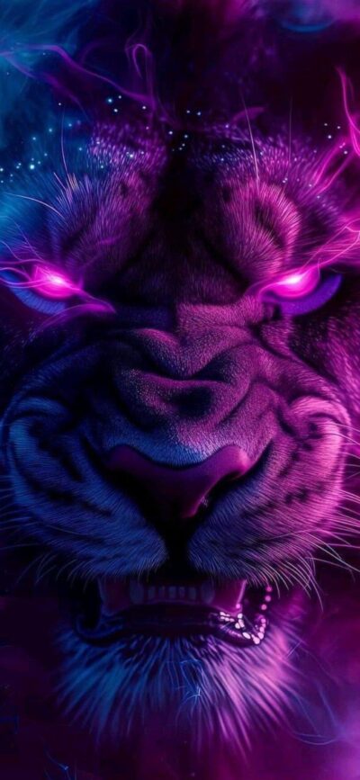 Lion with glowing purple eyes, ethereal aura, purple and blue background | 4K Wallpaper, for Mobile.