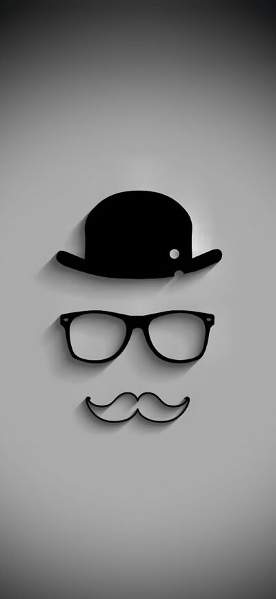 Black bowler hat, eyeglasses, and mustache on a gradient gray background, vintage minimalist design | 4K Wallpaper for Mobile