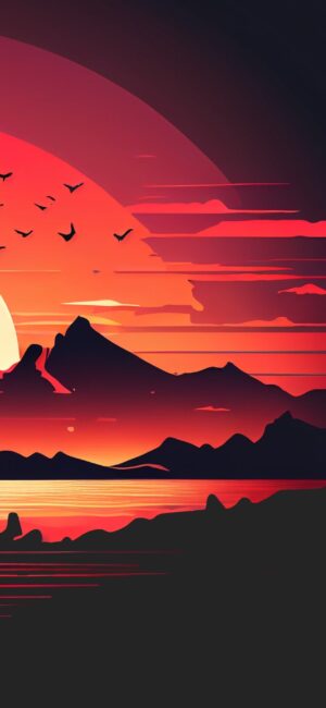 Abstract mountain silhouette at sunset with vibrant red & orange sky, flying birds. | 4K Wallpaper for Mobile | Red, Orange, Black