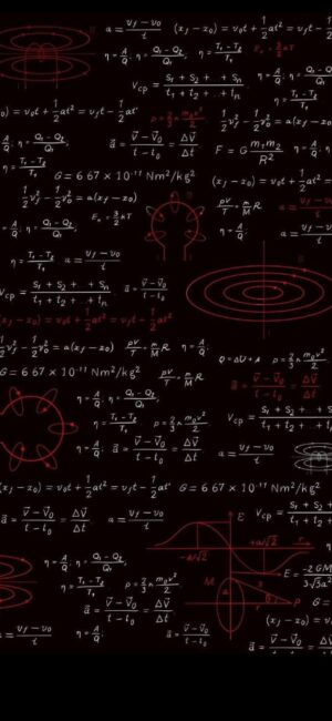 Math equations and physics diagrams on a dark background with black and red tones | 4K Wallpaper, for Mobile